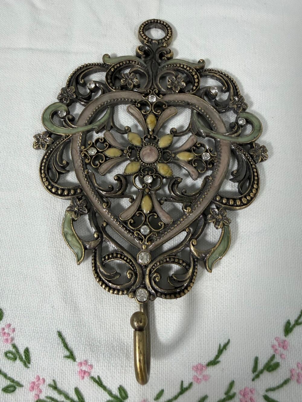 Vintage Collette Style Enameled Jeweled Heart Wall Hook Rhinestone Floral